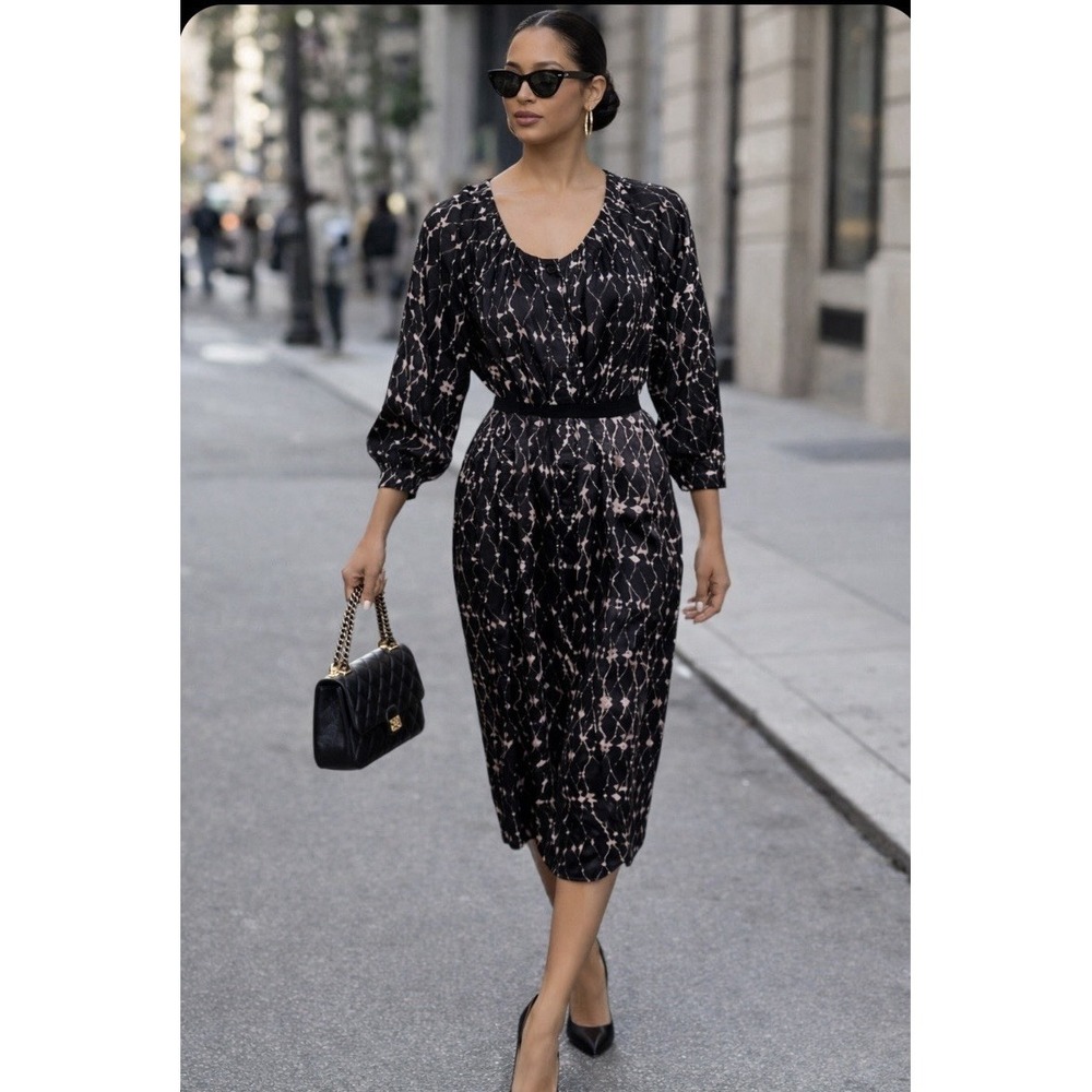 RAQUEL ALLEGRA Grace Silk Print Midi Dress Black  Abstract Tie Dye Petal XS